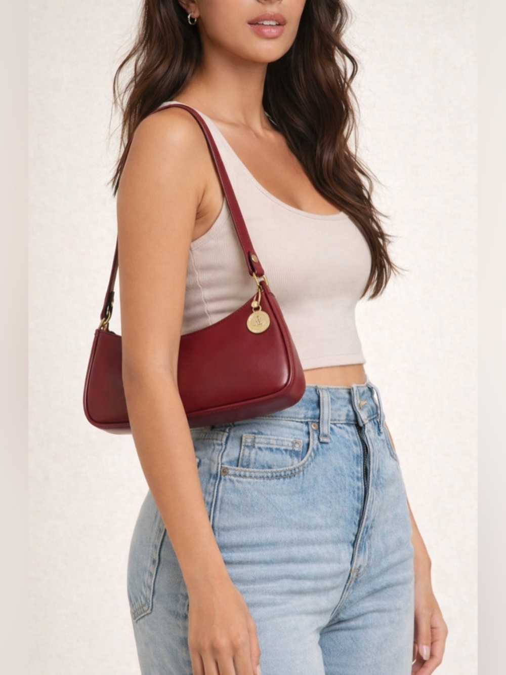 Brahmin Vintage Red Leather Baguette Shoulder Bag Y2K Minimalist Mini Hobo - Picture 2 of 14
